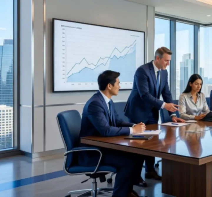 Consulting leaders reviewing strategic initiatives in a modern boardroom