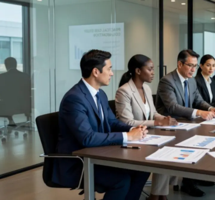 Consulting team collaborating with a client over data dashboards