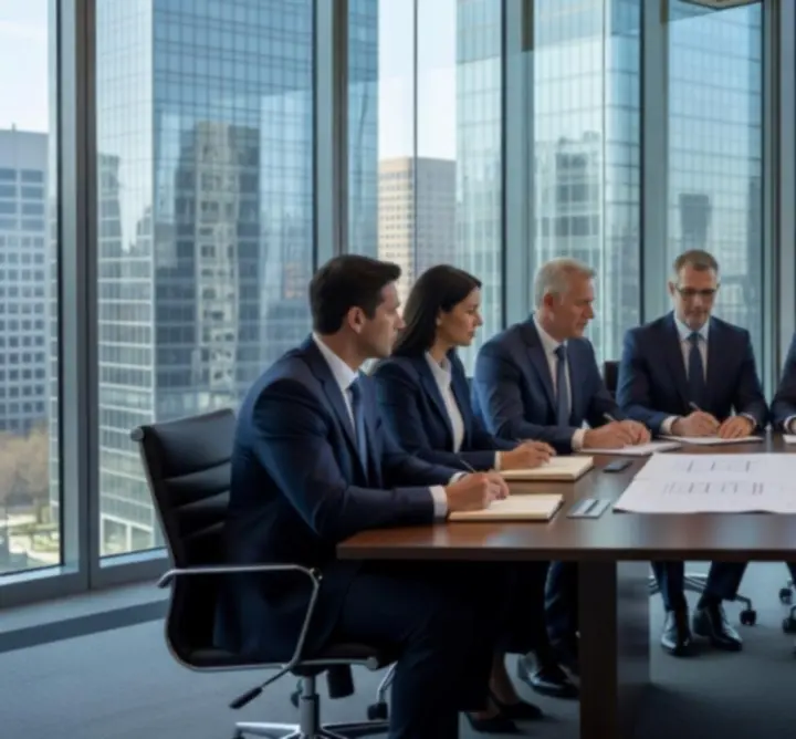 Project team leading an implementation discussion in a boardroom