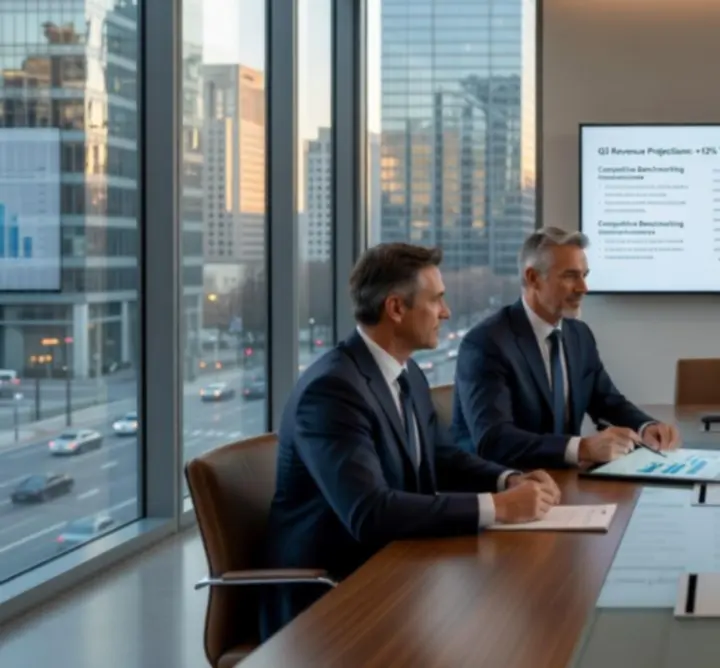 Consulting team reviewing corporate strategy in a modern boardroom