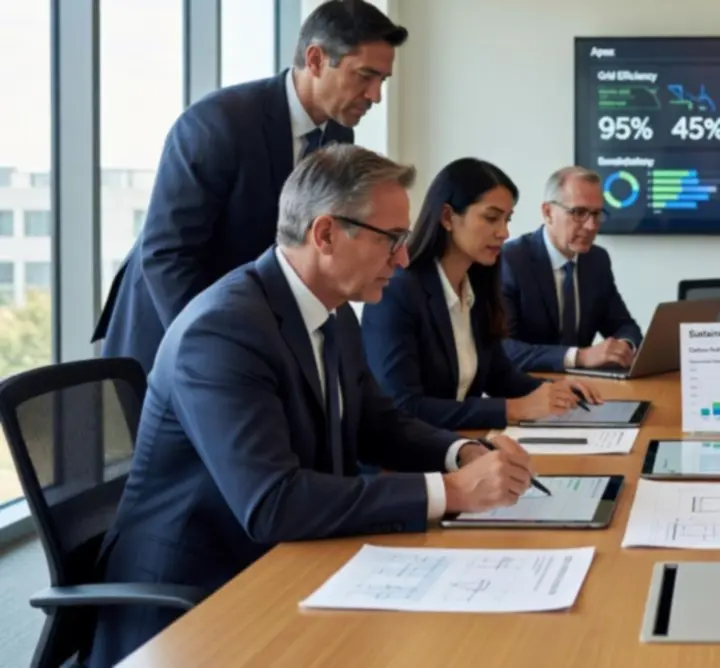 Energy sector leadership team discussing a carbon reduction roadmap