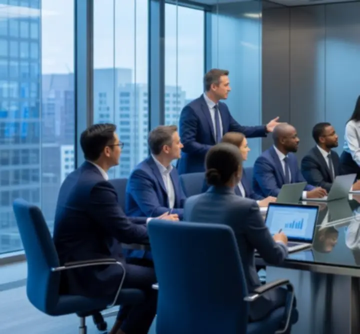 Advisory team in a modern boardroom discussing strategy