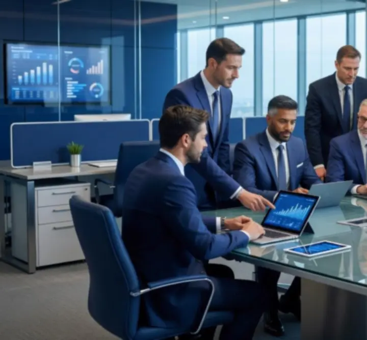 Corporate consultants reviewing digital reports in a modern meeting room